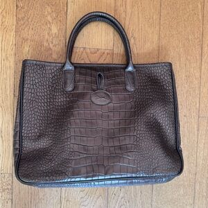 Longchamp Roseau Leather Crocodile Embossed Handbag Tote Grey